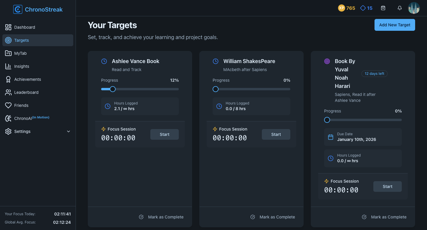 Target tab in Chronostreak App